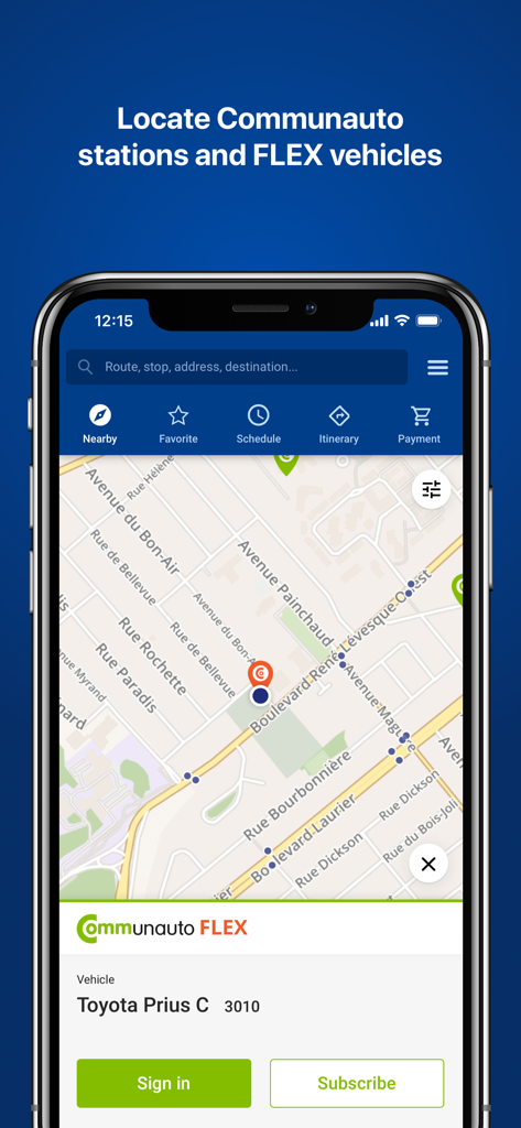 RTC’s real-time Nomade - Interface of the RTC Nomade app showing a map with the location of a Communauto FLEX vehicle in Quebec City.