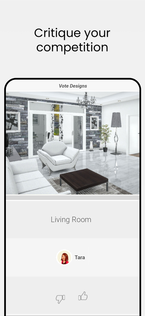Home Decor - House Design Game - Home Decor アプリのスクリーンショット、モダンなリビングルームのデザインのコミュニティ投票画面を表示