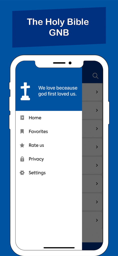 El menú de navegación de la aplicación Biblia en Buenas Nuevas con una cita religiosa y un icono de cruz.
