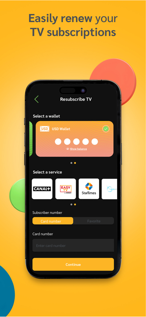 illicocash - Interface of the illicocash app showing how to renew TV subscriptions for services like Canal Plus and StarTimes in DRC.