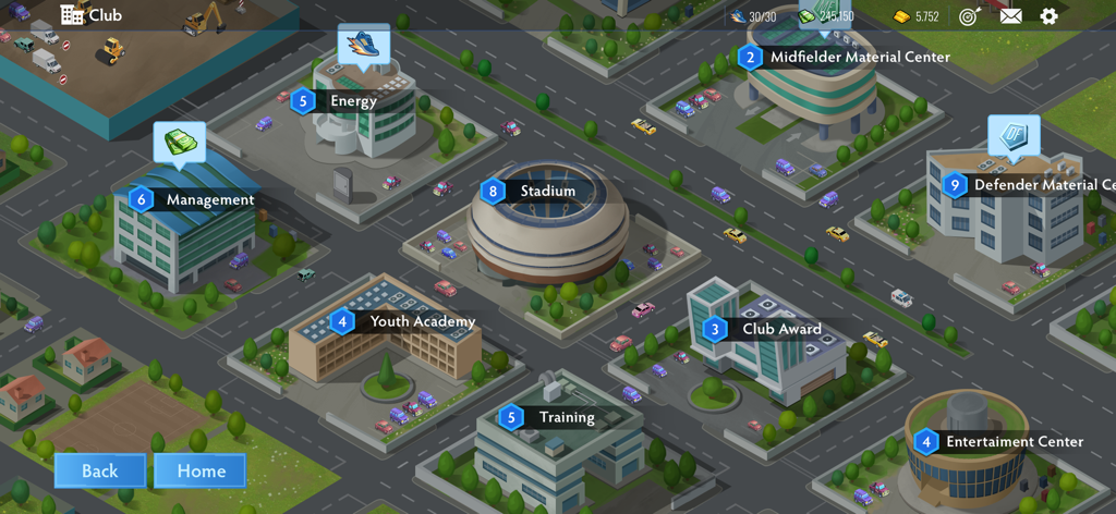 Vista de arriba hacia abajo de los edificios del club de fútbol y el estadio administrables en Soccer Dynasty Club Manager