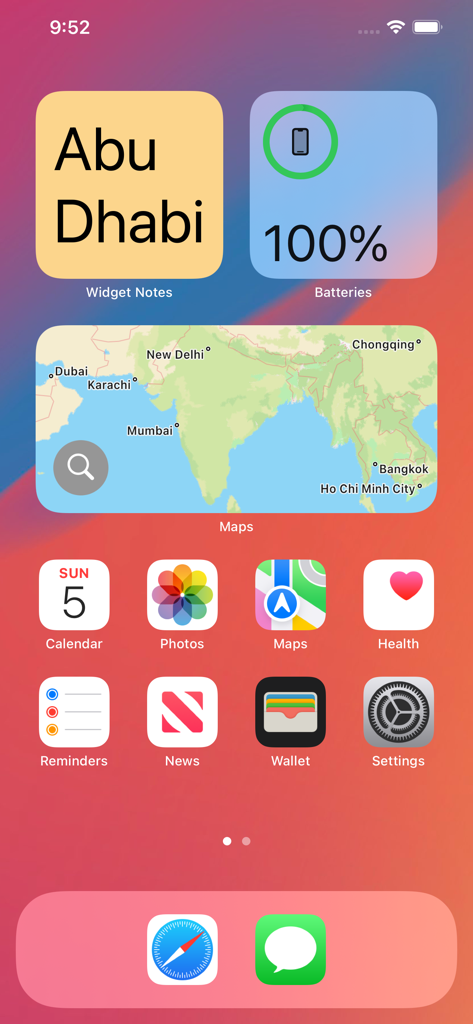 Widget Notes - Home Screen - Yellow sticky note widget on an iPhone home screen displaying custom text alongside other iOS widgets