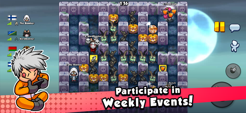 A screenshot of Bomber Friends showing an online multiplayer match with a banner for weekly events