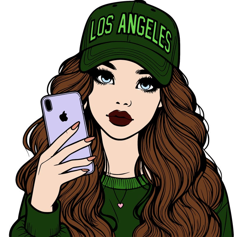 realistic beautiful girl wearing los ángeles cap holding an iphone
