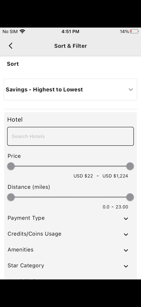 Sort and filter screen for hotels in the JIFU Member app showing price and distance sliders.