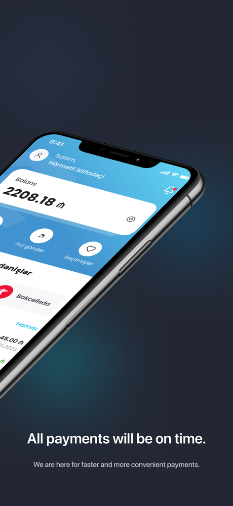 Schermata dello smartphone che mostra la dashboard del portafoglio elettronico MPAY con saldo in Manat azero e opzioni di pagamento