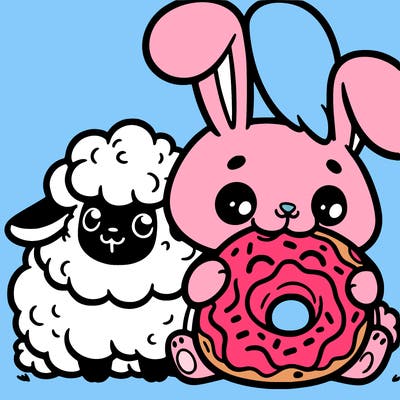 cute bunny eating a donut with a sheep