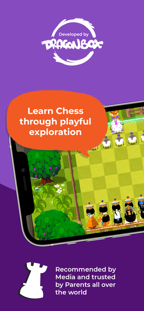 Kahoot! Learn Chess: DragonBox - Gráfico promocional de la aplicación Kahoot Learn Chess DragonBox que muestra un tablero de ajedrez gamificado en la pantalla de un smartphone con el texto Aprende Ajedrez a través de la exploración lúdica