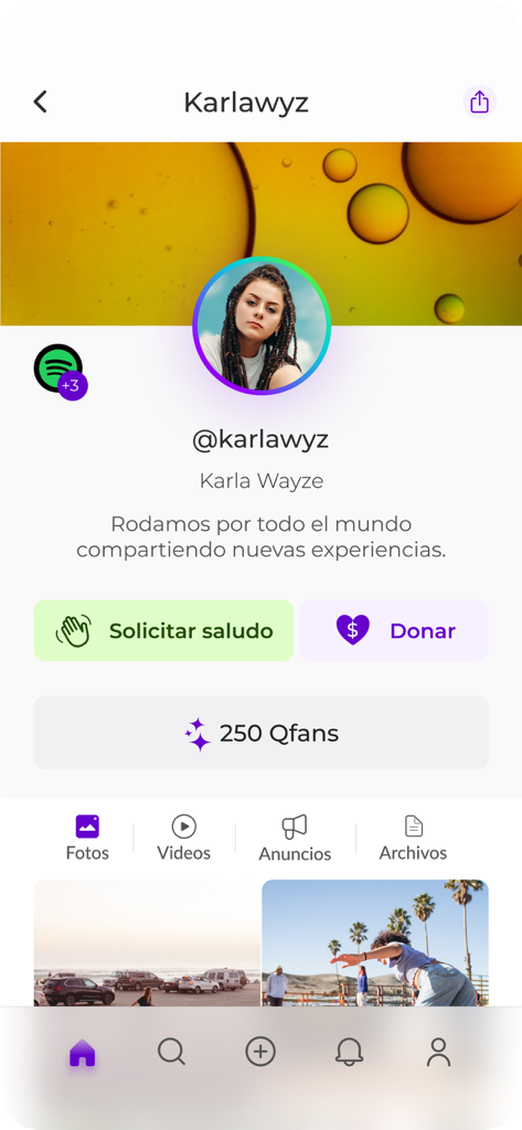 Qvery - Página de perfil de creador en la app Qvery con botones de donación y solicitud de saludo