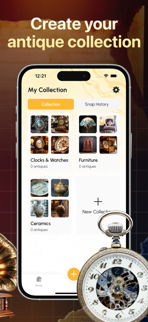 Relic Snap: Antique Identifier - Relic Snap app interface for creating and managing a digital antique collection by category