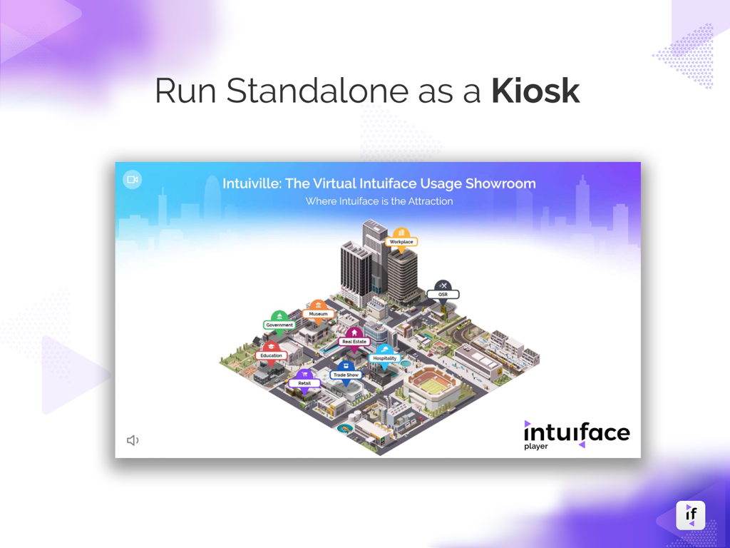 Intuiface Player displaying a virtual city showroom in kiosk mode