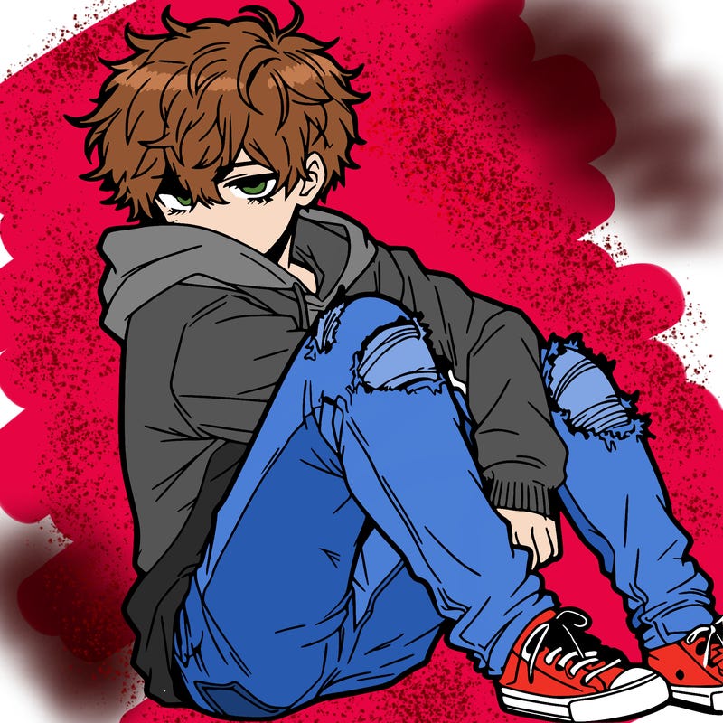 a male hoddie ripped jeans messy hair anime