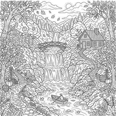 Immerse yourself in the beauty of autumn with this intricate coloring page, showcasing a charming cabin nestled beside a breathtaking man-made waterfall. Explore the rich details of a fall landscape, complete with a serene river and falling leaves, designed to inspire your creative spirit.