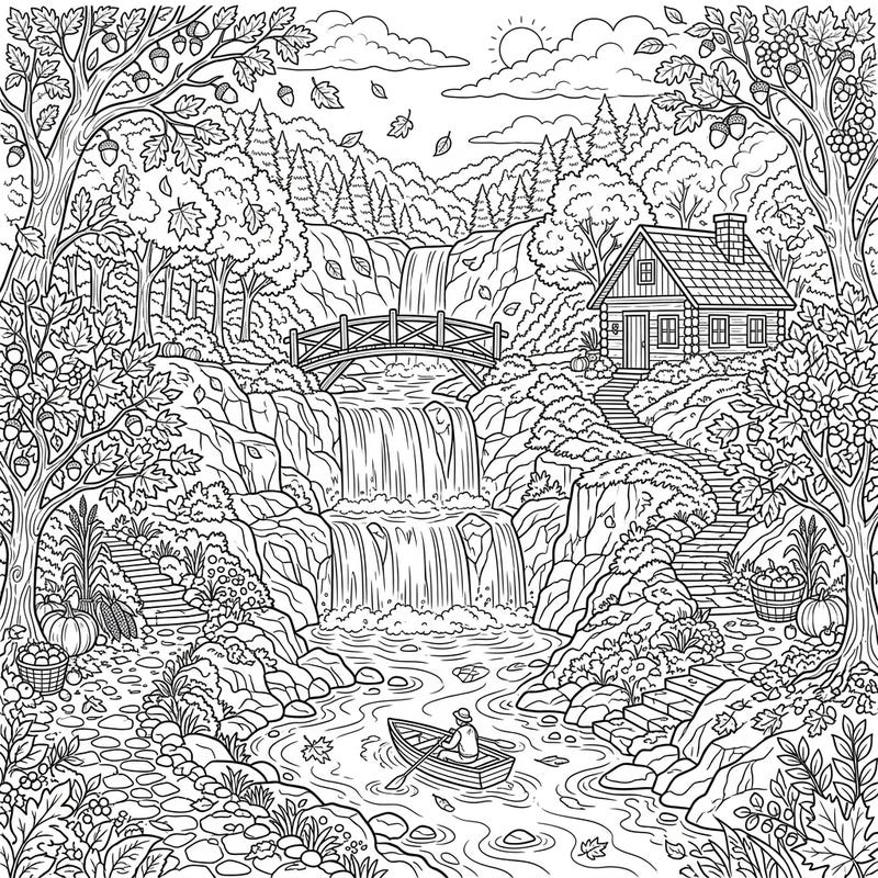 Immerse yourself in the beauty of autumn with this intricate coloring page, showcasing a charming cabin nestled beside a breathtaking man-made waterfall. Explore the rich details of a fall landscape, complete with a serene river and falling leaves, designed to inspire your creative spirit.