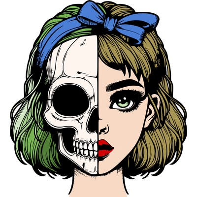 realistic girl with half skull mask