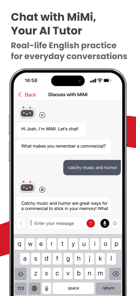 EnglishCentralモバイルアプリのインターフェース、英語練習のためのAIチューターMiMiとのチャット会話を表示