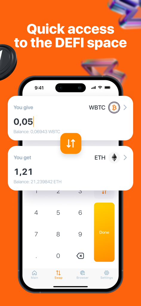 Safe Wallet app interface showing a cryptocurrency swap between WBTC and ETH with quick access to DeFi space