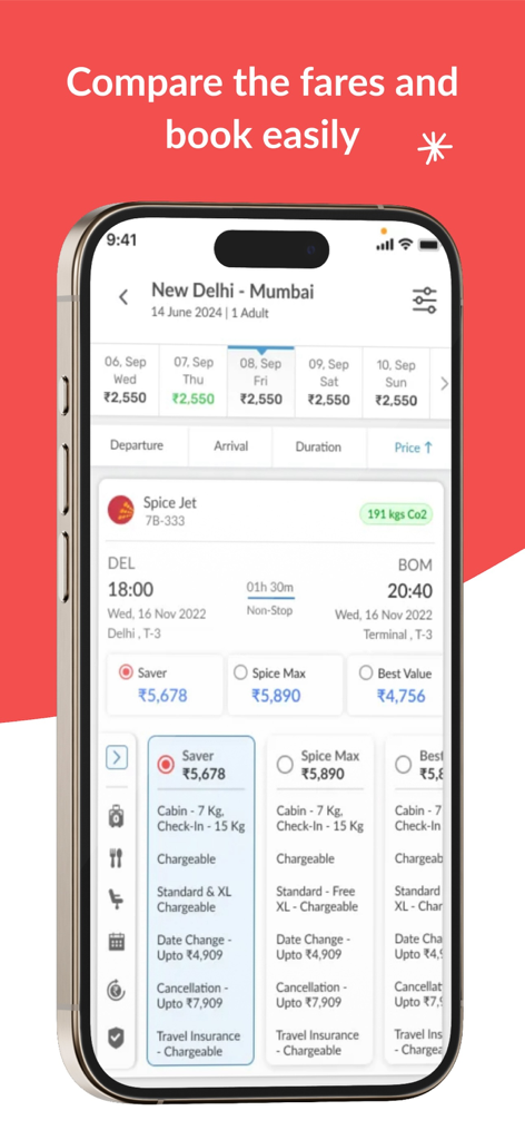 Smartphone screen showing flight search results and fare comparison in the Yatra for Business app.