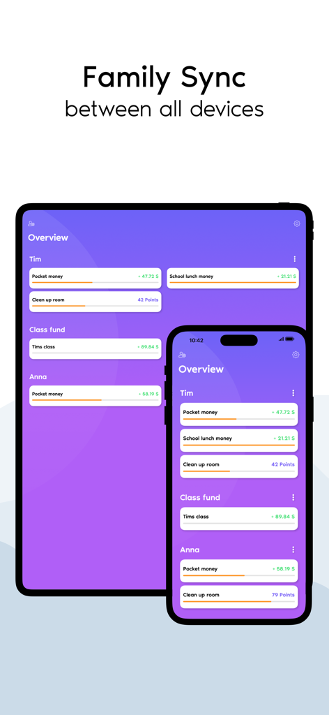 Pockey app interface showing family synchronization and account overview on an iPhone and iPad.