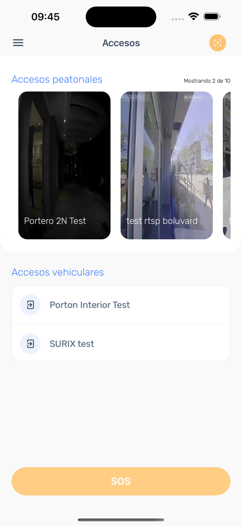 Spotter app interface displaying pedestrian and vehicle access options with live camera feeds and an SOS button