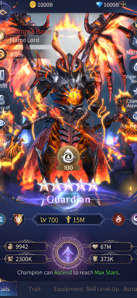 Legacy of Lithas - Legacy of Lithas character profile screen featuring a powerful Flame Lord Guardian hero.