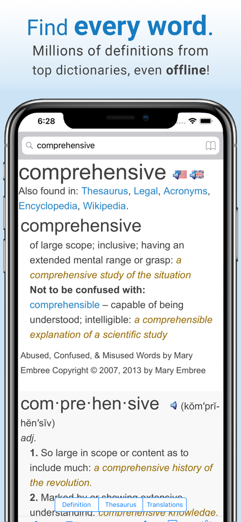Farlex Dictionary app showing a word definition on an iPhone