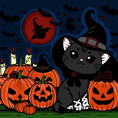 halloween cat with witch and pumpkins