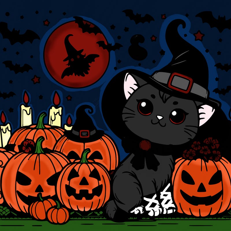 halloween cat with witch and pumpkins