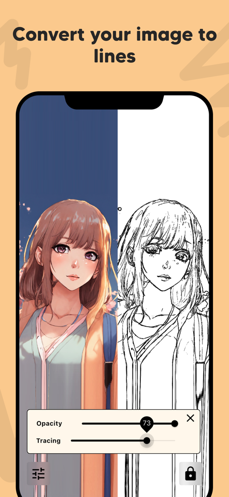 Split screen view showing a colored anime portrait converted into black and white line art for tracing in the AR Draw app interface.