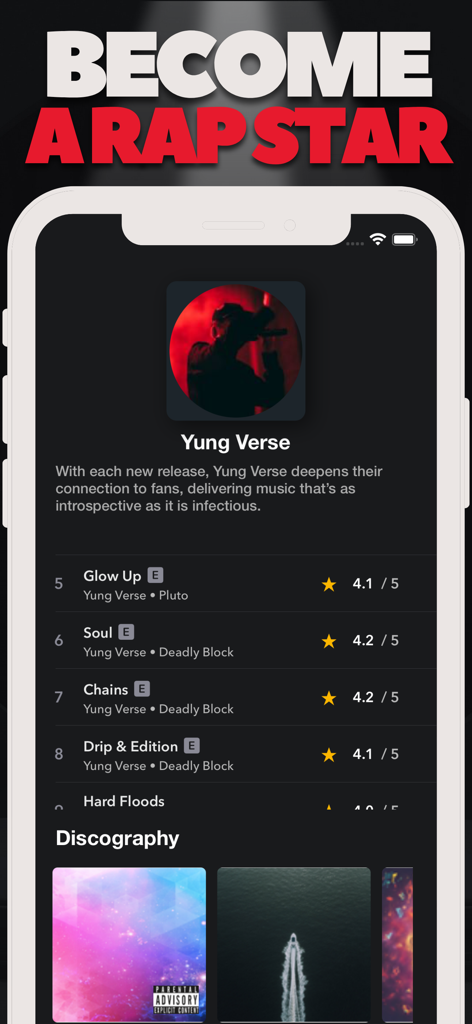 Tela do celular mostrando o perfil do artista Yung Verse com avaliações de músicas e discografia em Rap Star Music Simulator