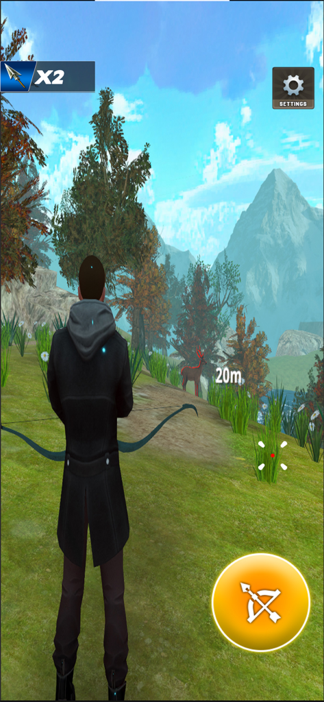 Deer Hunter Archery Master: 3D - Una vista en tercera persona de un personaje apuntando con un arco a un ciervo en un exuberante entorno montañoso 3D.