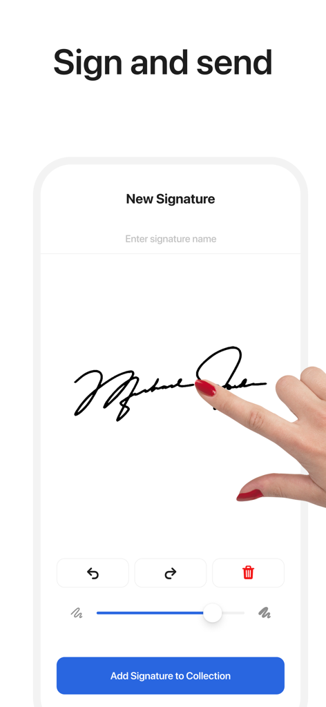Sign Doc: e-Signature Maker - Usuario dibujando una firma digital en la pantalla de un teléfono móvil dentro de la aplicación Sign Doc
