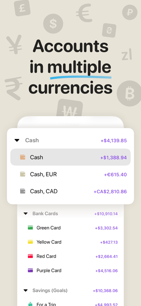 Spending Tracker - Money Flow - A mobile app interface for tracking financial accounts in multiple currencies including dollars and euros