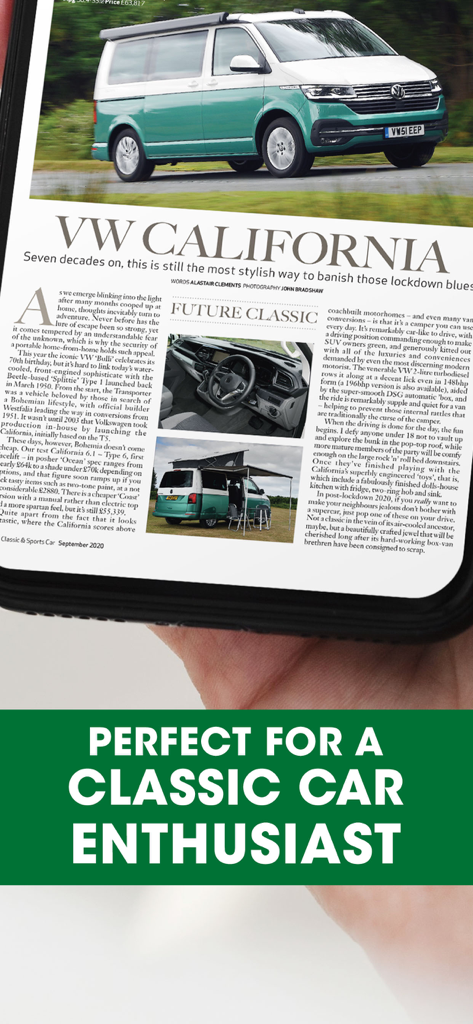Classic & Sports Car - Smartphone displaying a digital magazine article about the VW California with a banner stating it is perfect for classic car enthusiasts.