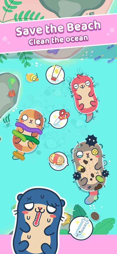 海をきれいにし、治療を受けるのを助ける必要のある、熱帯の海にいるかわいいラッコたち