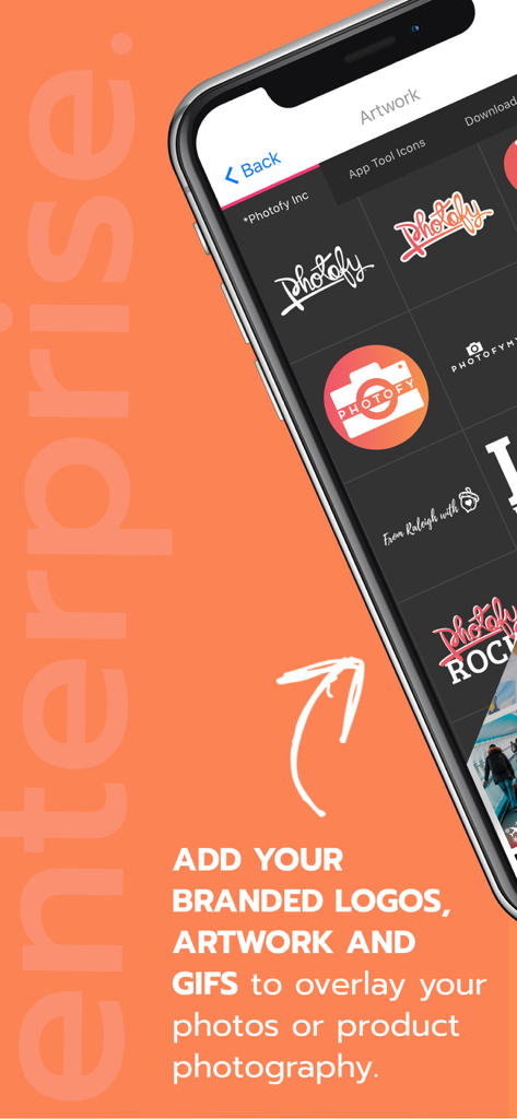 Photofy Content Creation - Photofy app interface showing options to add branded logos and custom artwork overlays to photos.
