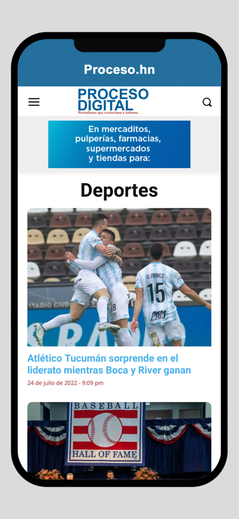 Benutzeroberfläche der Proceso Digital App mit dem Bereich Sportnachrichten mit Artikeln über Fußball und Baseball.