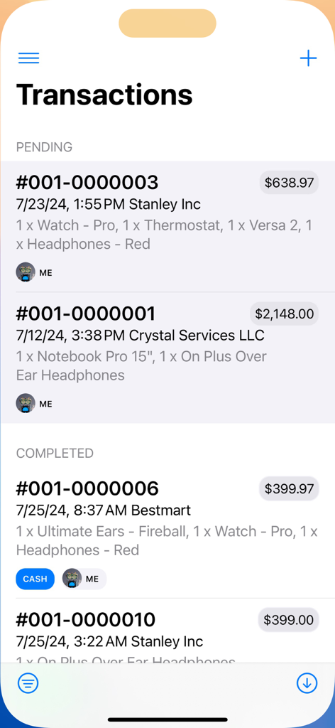 Cash Register for Business - Transaction history screen showing pending and completed sales with item details and prices in the Cash Register for Business app.