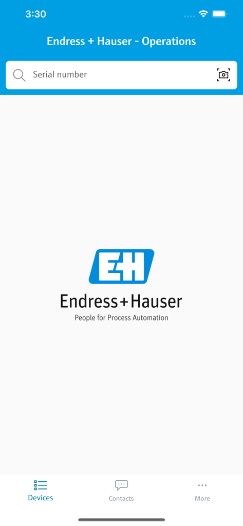 Startbildschirm der Endress Hauser Operations App mit einer Suchleiste für Seriennummern und einem Scanner-Symbol für industrielle Gerätedaten
