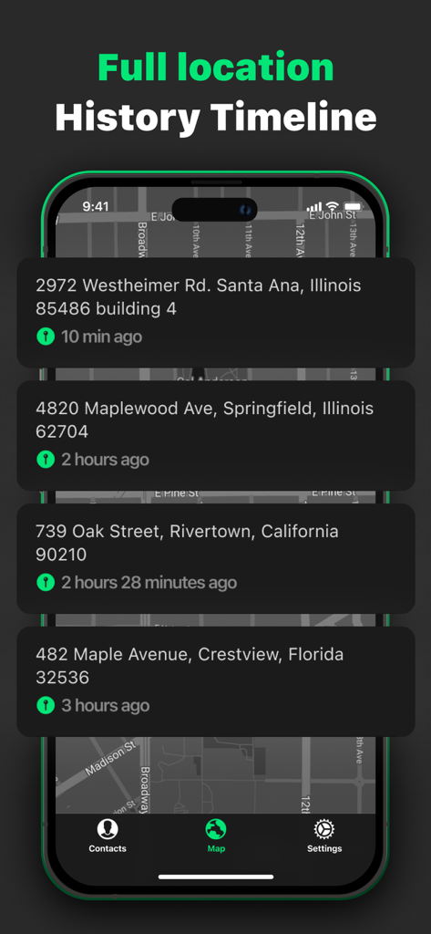 Find Us: Phone Number Tracker - Find Us app location history timeline showing tracked addresses and timestamps
