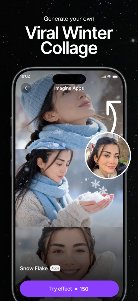 ImagineArt: AI Video Generator - Interfaz de la aplicación ImagineArt que muestra un collage invernal viral con efectos de copo de nieve