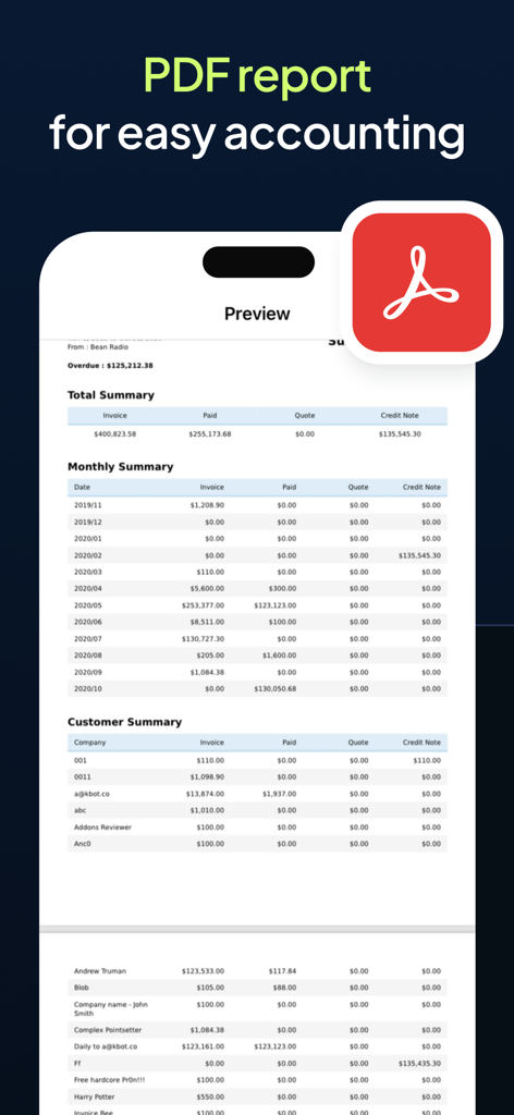 Preview of a detailed PDF accounting report showing monthly and customer summaries in the Bookipi app