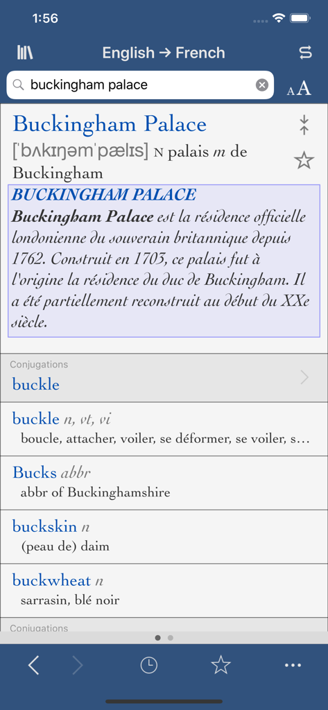 Collins-Robert Concise - Aplicativo Collins Robert French English Dictionary mostrando a tradução e nota cultural para Buckingham Palace