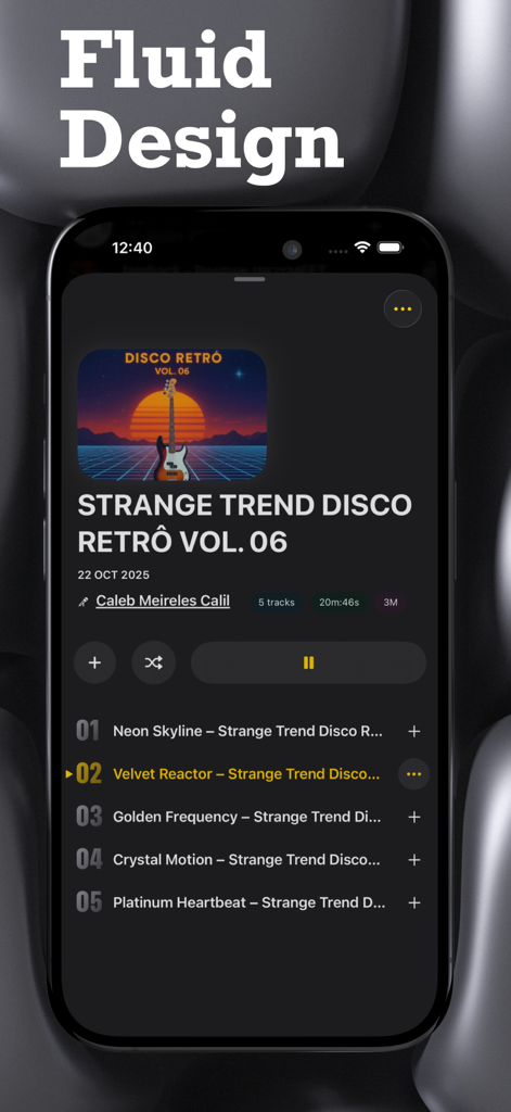 디스코 레트로 앨범 재생 목록과 다크 모드의 유체 디자인을 보여주는 Vibely 음악 플레이어의 모바일 앱 인터페이스