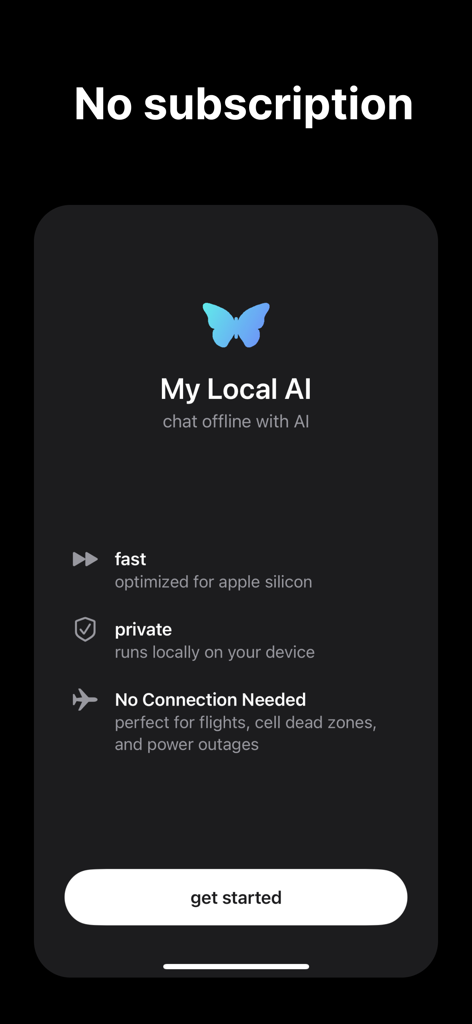 My Local AI - My Local AI onboarding screen showing offline and private chat features with no subscription required