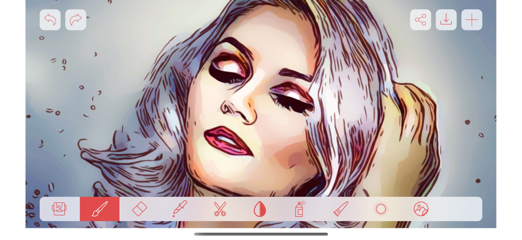 Interface of the Drawing App showing a stylized digital portrait with a toolbar of creative painting tools