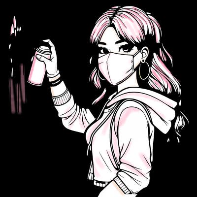 realistic girl with mask spray painting a wall