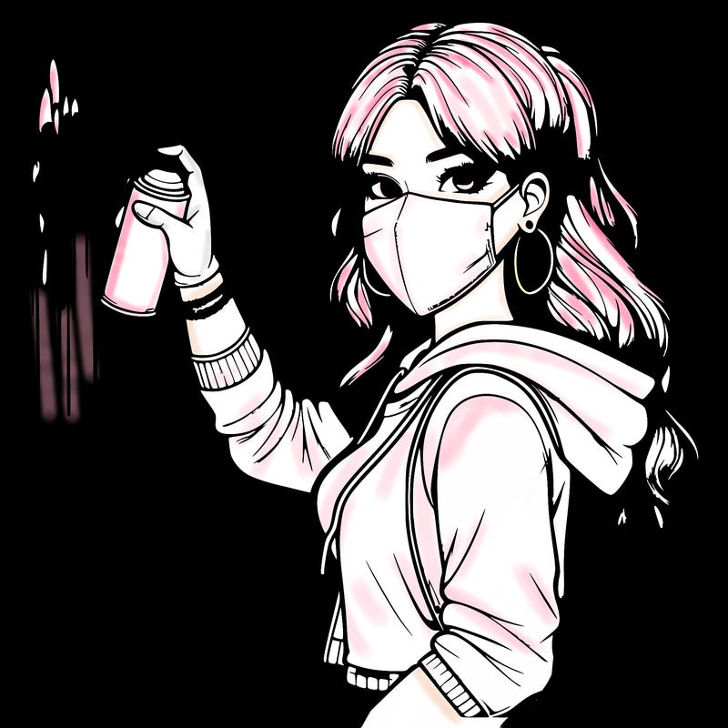 realistic girl with mask spray painting a wall