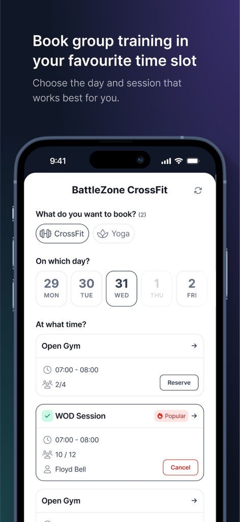 Sportin app interface for booking group training sessions at BattleZone CrossFit with date and time selection