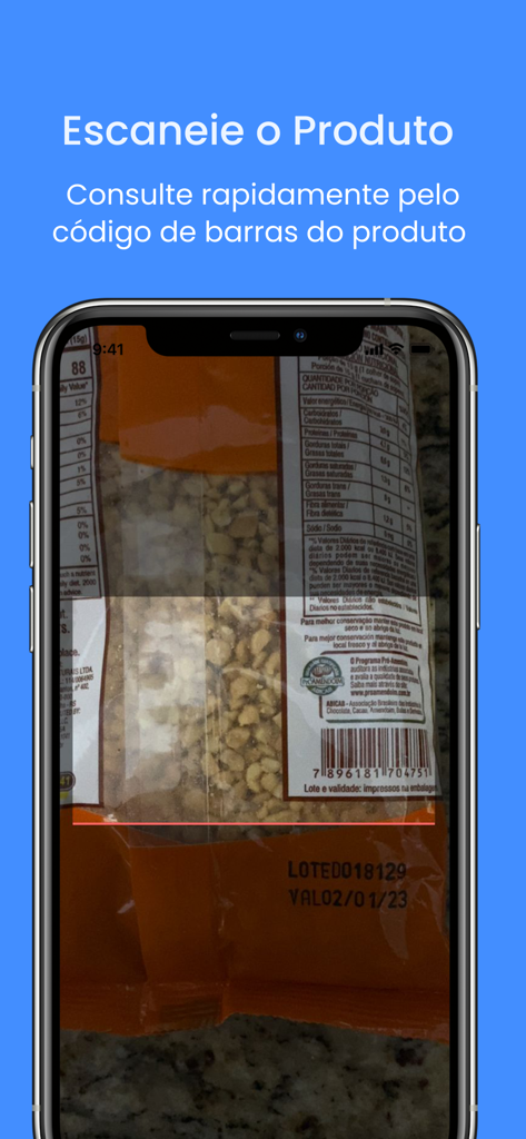 A smartphone interface scanning a food product barcode to get nutritional information and health scores